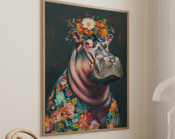 Hippo with Flower Crown in Vibrant Floral Robe Dark Botanical Portrait Poster