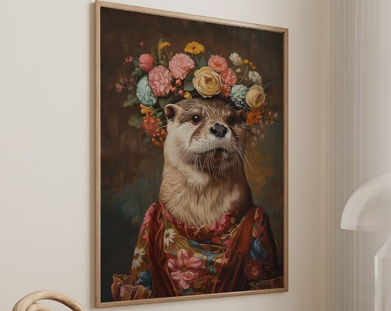 Cute Otter Flower Crown Portrait Colorful Floral Cape Wall Art