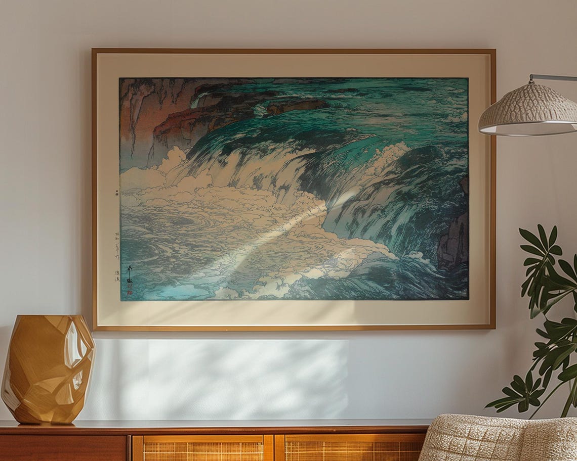 Yoshida Hiroshi Rapids Waterfall Turquoise Waves Woodblock Art Poster