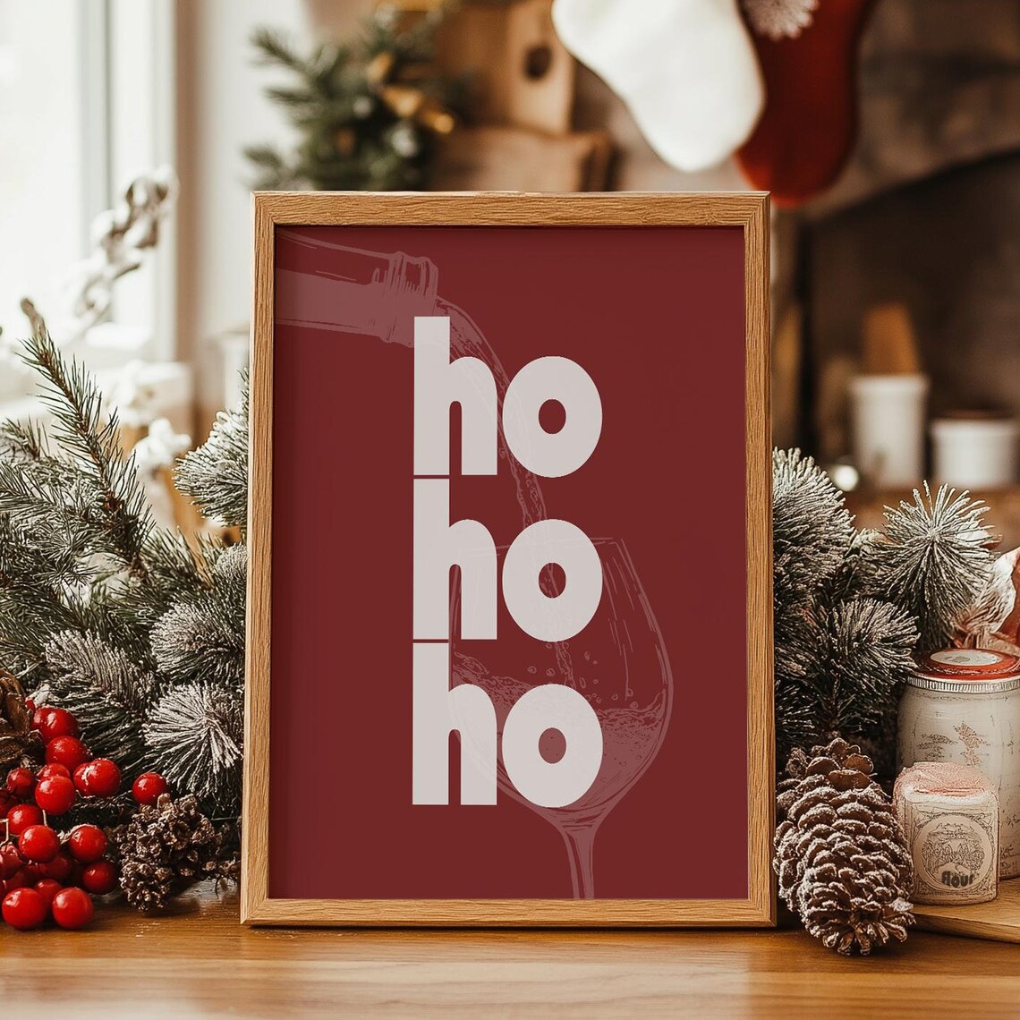 Ho Ho Ho Wine Christmas Kitchen Print Cute Holiday Wine Print Unique Christmas Print