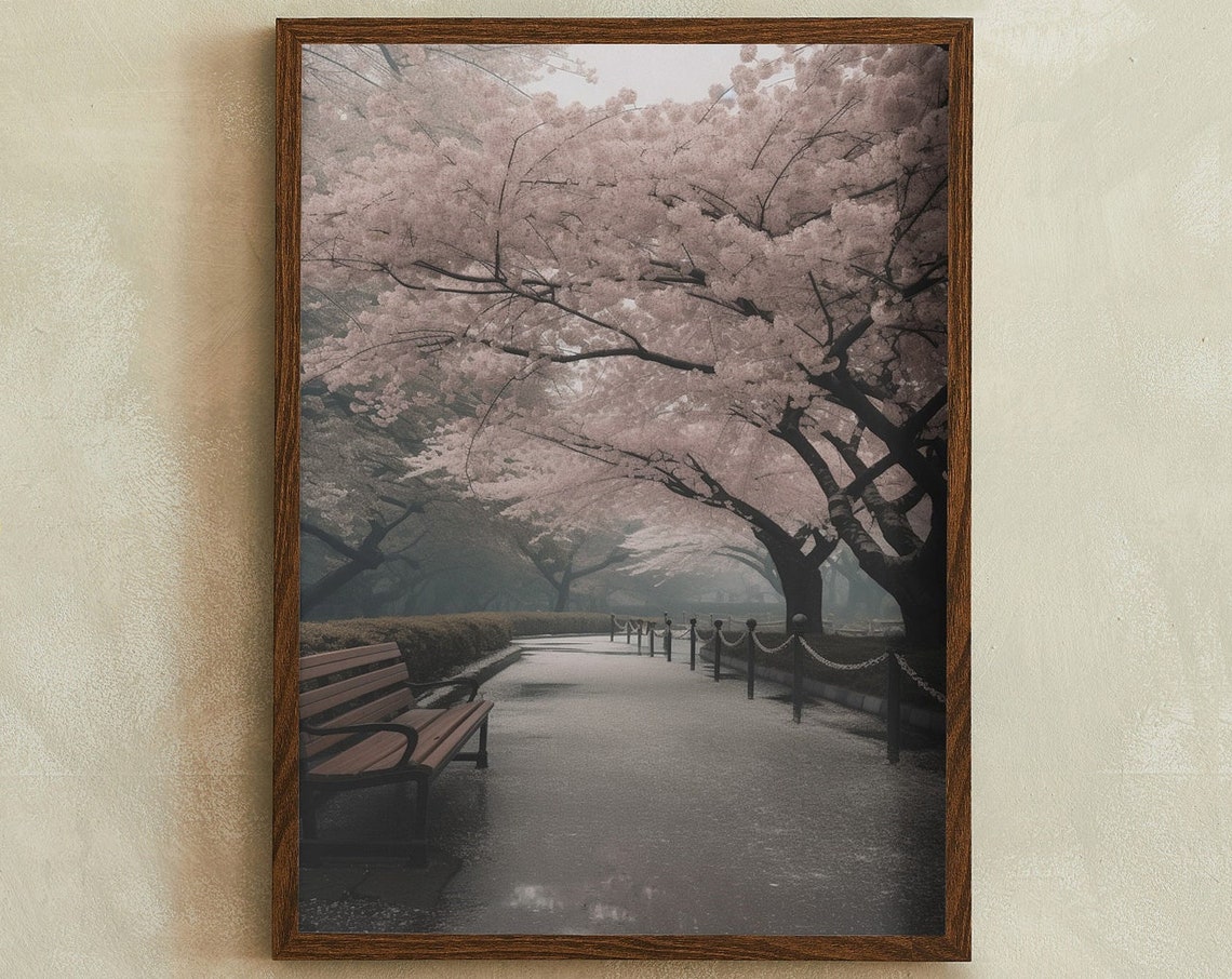 Misty Cherry Blossom Tree Tunnel Path With Wooden Bench Poster