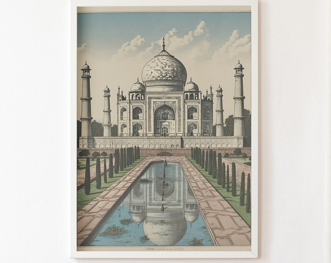 Taj Mahal India Vintage Woodblock Engraving Reflection Pool Art Poster