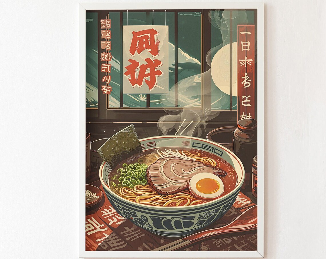 Vintage Japanese Ramen Shop Night Scene Steaming Bowl Food Poster