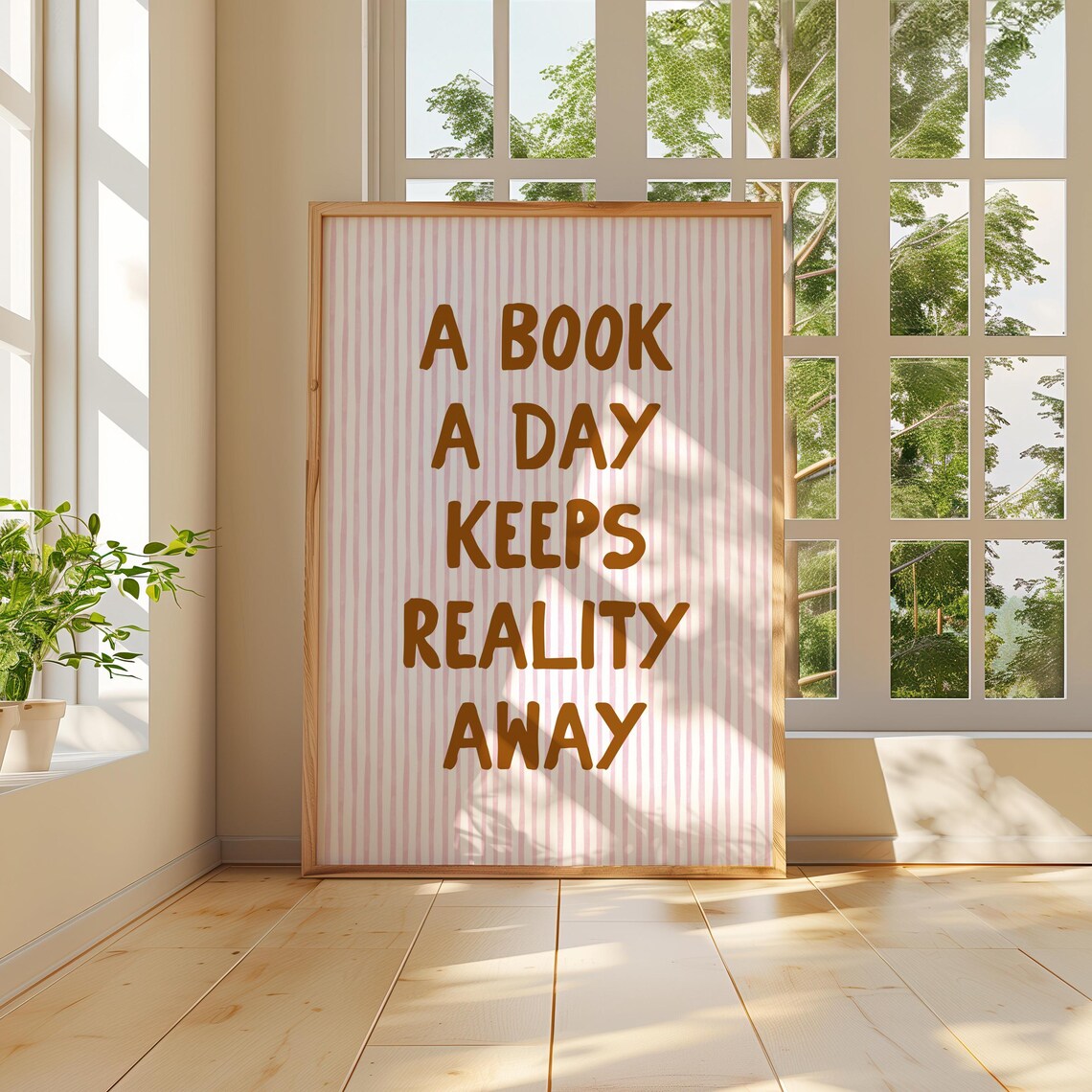 A Book a Day Keeps Reality Away Quote Striped Reading Nook Poster - Image 2