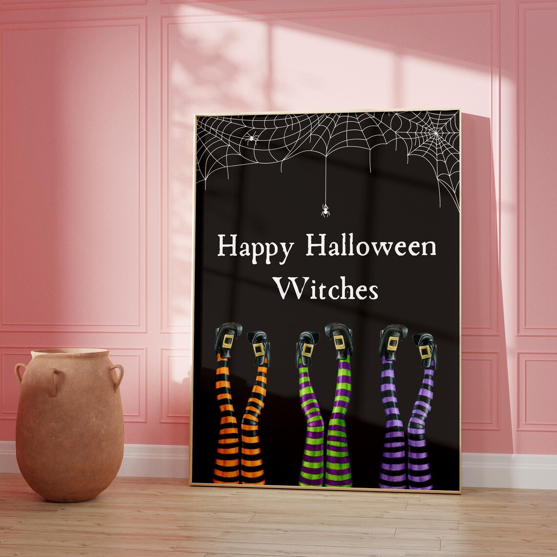 Happy Halloween Witches Legs with Striped Stockings Spiderweb Poster - Image 4
