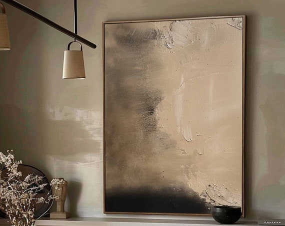 Beige Wabisabi Painting Beige Black Abstract Painting Medieval Beige Oil Painting Black Minimalist Wall Decor Beige Black Wall Art