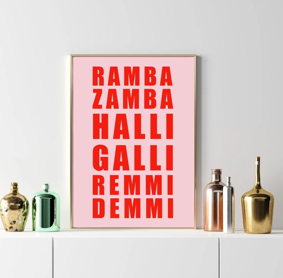 Poster Ramba Zamba Halli Galli Remmi Demmi Pink Red Pink Minimalist Print Bold Simple Hi Wall Art Entrance Decoration Welcome Poster
