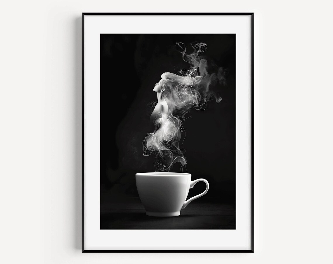 Black White Coffee Cup With Woman Steam Silhouette Art Poster - Image 4