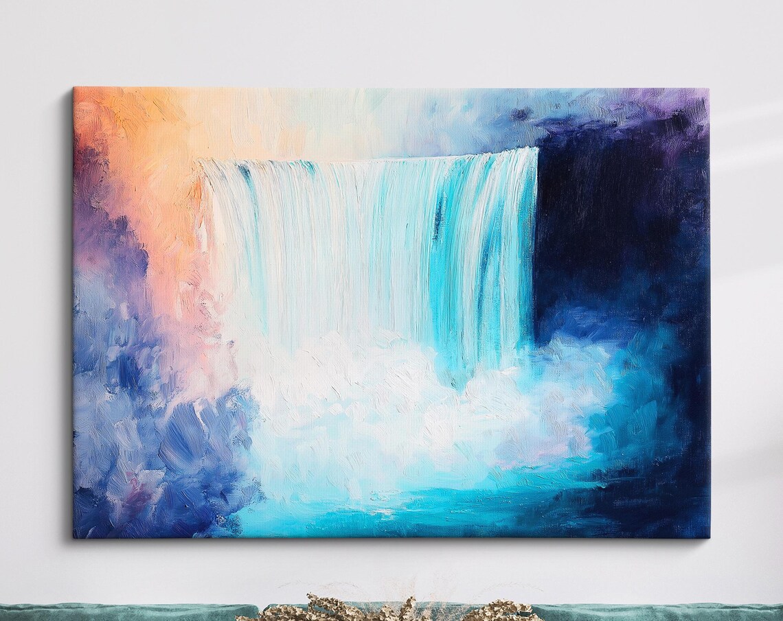 Niagara Falls Abstract Oil Painting Deep Blue Night Waterfall Wall Art