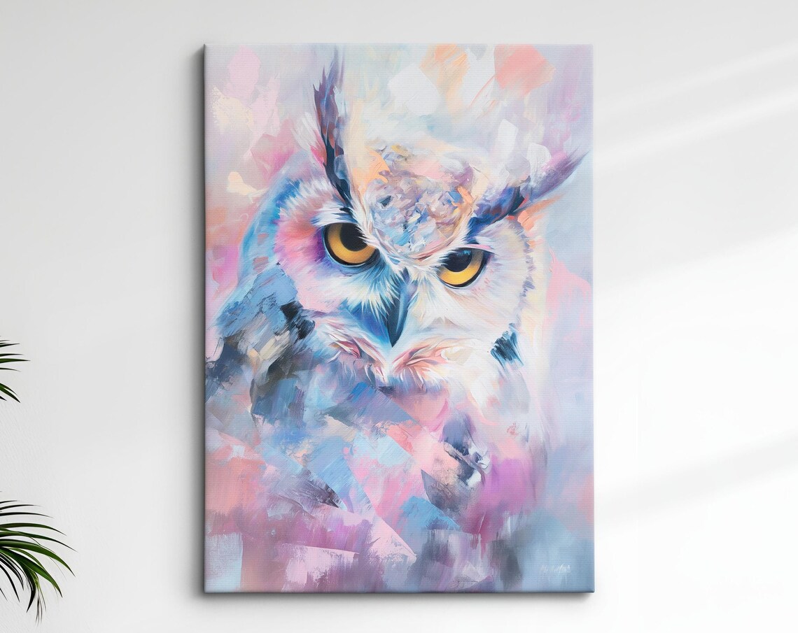 White Horned Owl Yellow Eyes Pink Blue Pastel Abstract Bird Art Poster