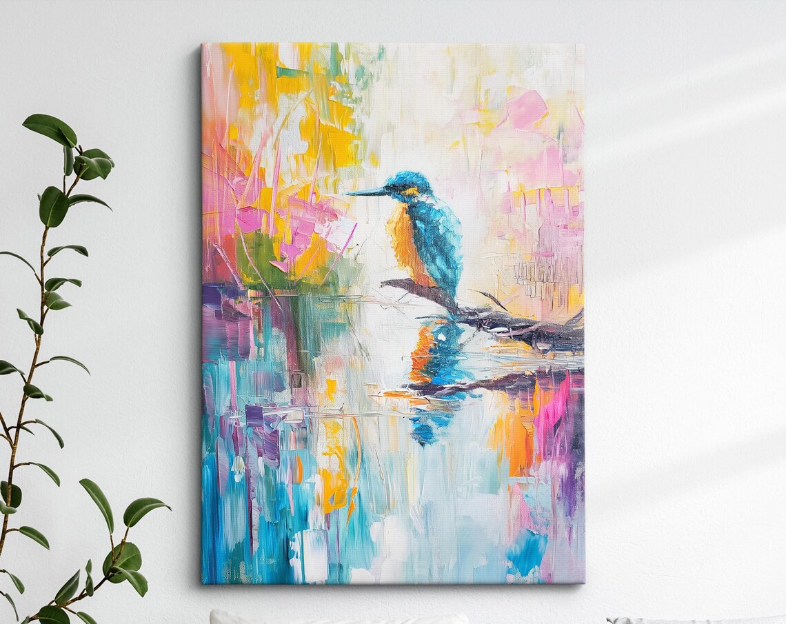 Colorful Kingfisher Bird Abstract Watercolor Style Wildlife Wall Art