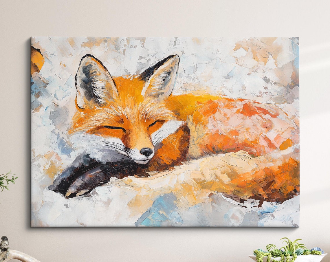 Sleeping Red Fox Abstract Oil Painting Cozy Wildlife Portrait Wall Art