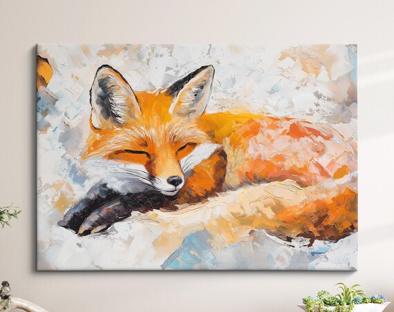 Sleeping Red Fox Abstract Oil Painting Cozy Wildlife Portrait Wall Art