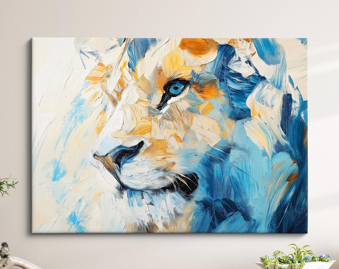 Lion Face Close Up Blue Gold Palette Knife Abstract Wildlife Wall Poster