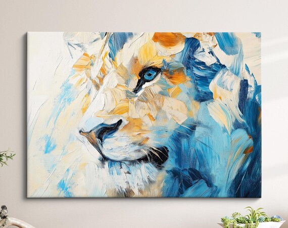 Lion Face Close Up Blue Gold Palette Knife Abstract Wildlife Wall Poster