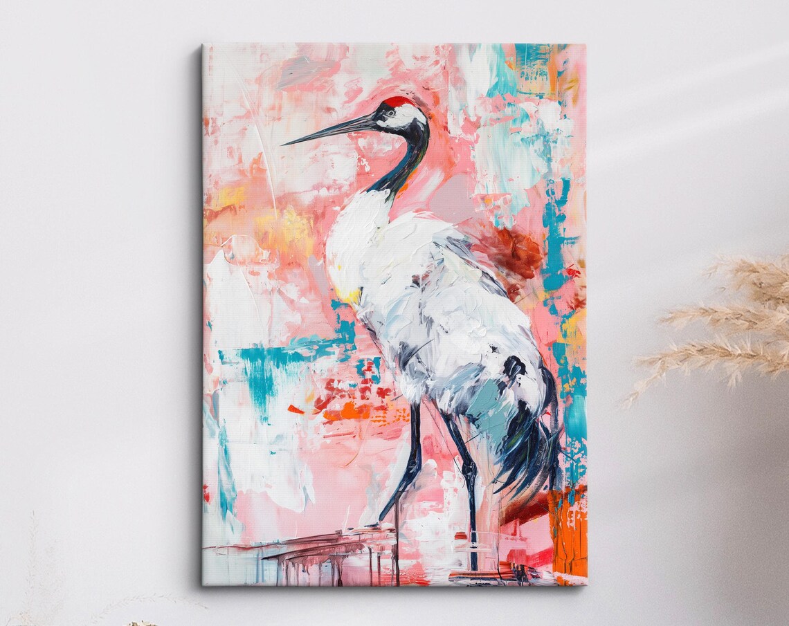 Colorful Crane Bird Abstract Oil Painting, Art Print