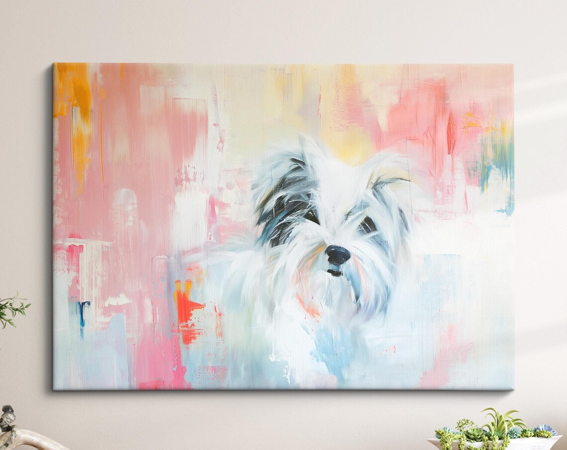 White Shih Tzu Puppy Portrait Pink Abstract Background Dog Poster