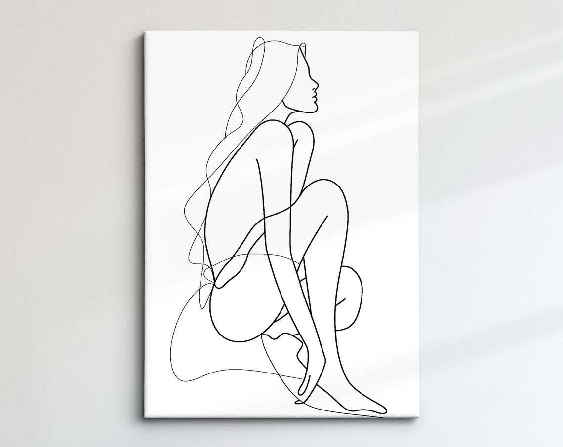 Crouching Woman Figure Continuous Line Art Drawing Minimalist Wall Decor Poster