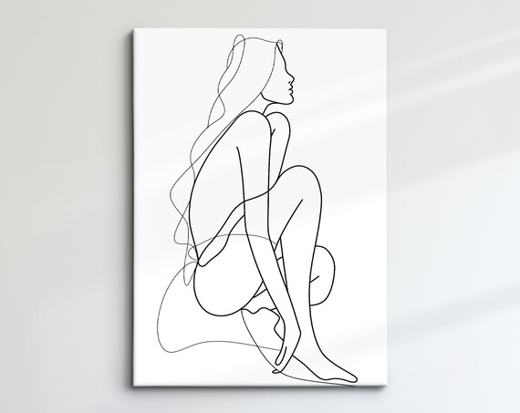 Crouching Woman Figure Continuous Line Art Drawing Minimalist Wall Decor Poster