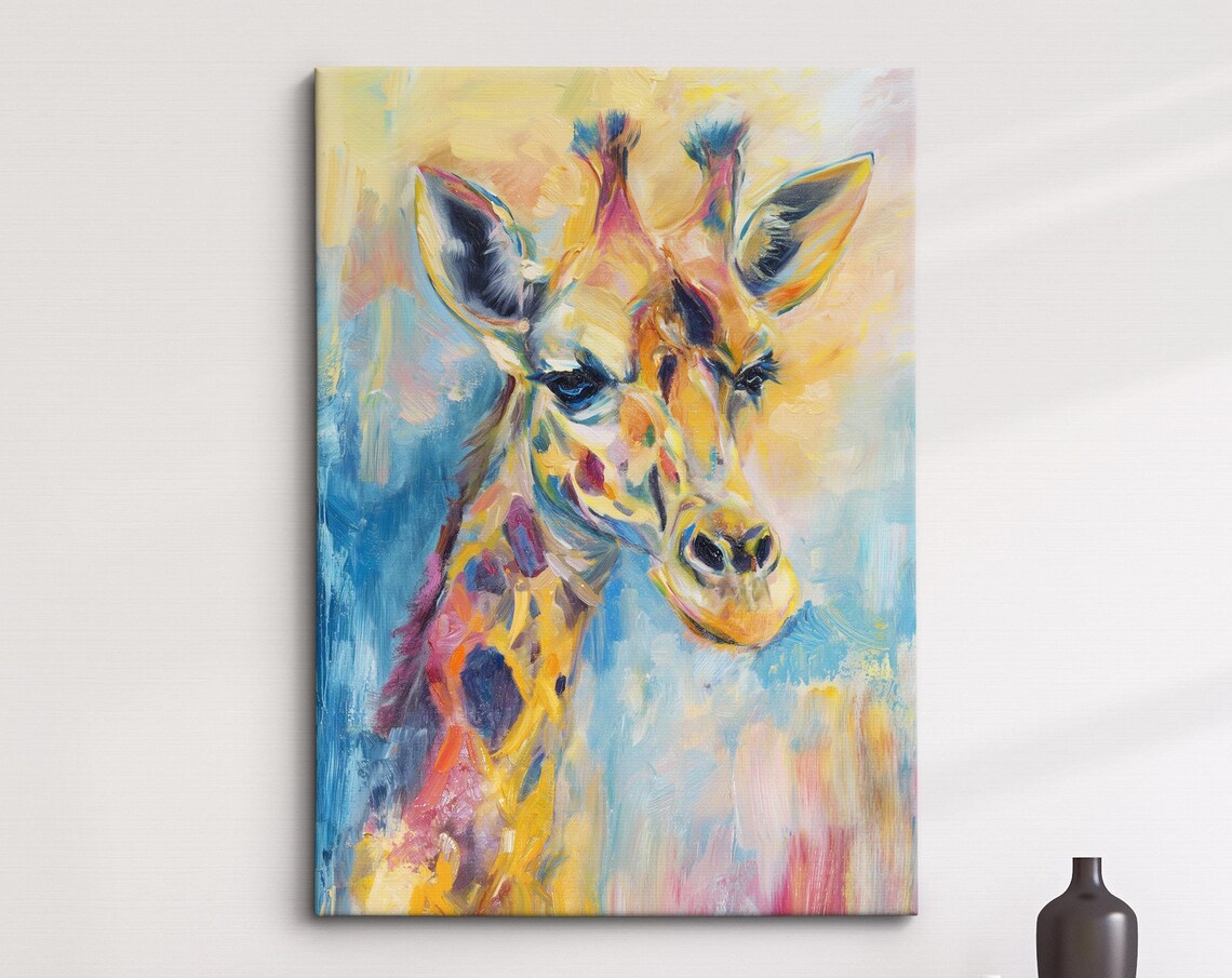 Giraffe Looking Aside Warm Golden Blue Abstract Wildlife Wall Art