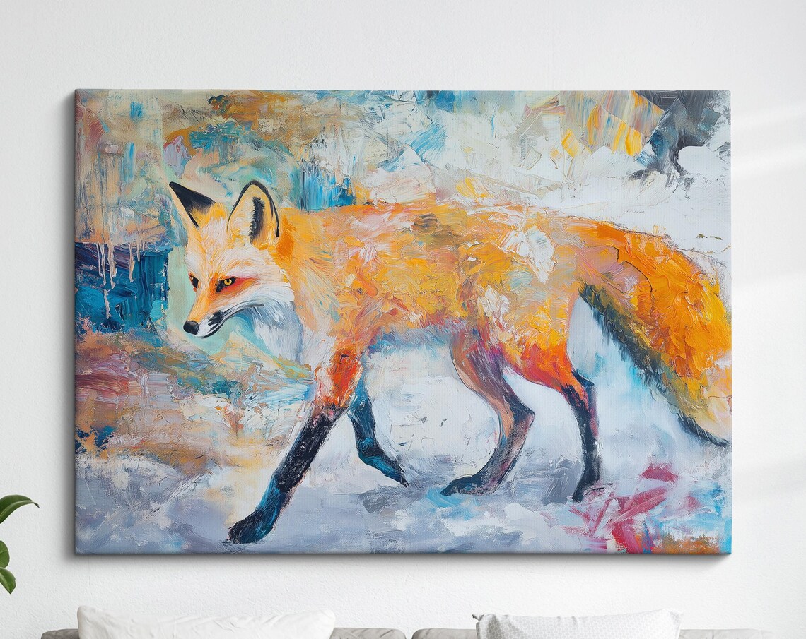 Red Fox Walking Abstract Oil Painting Orange Wildlife Portrait Poster