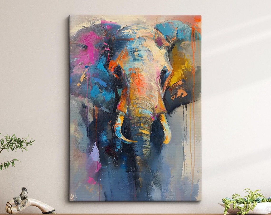 Majestic Elephant Front View Moody Blue Pink Abstract Wall Art