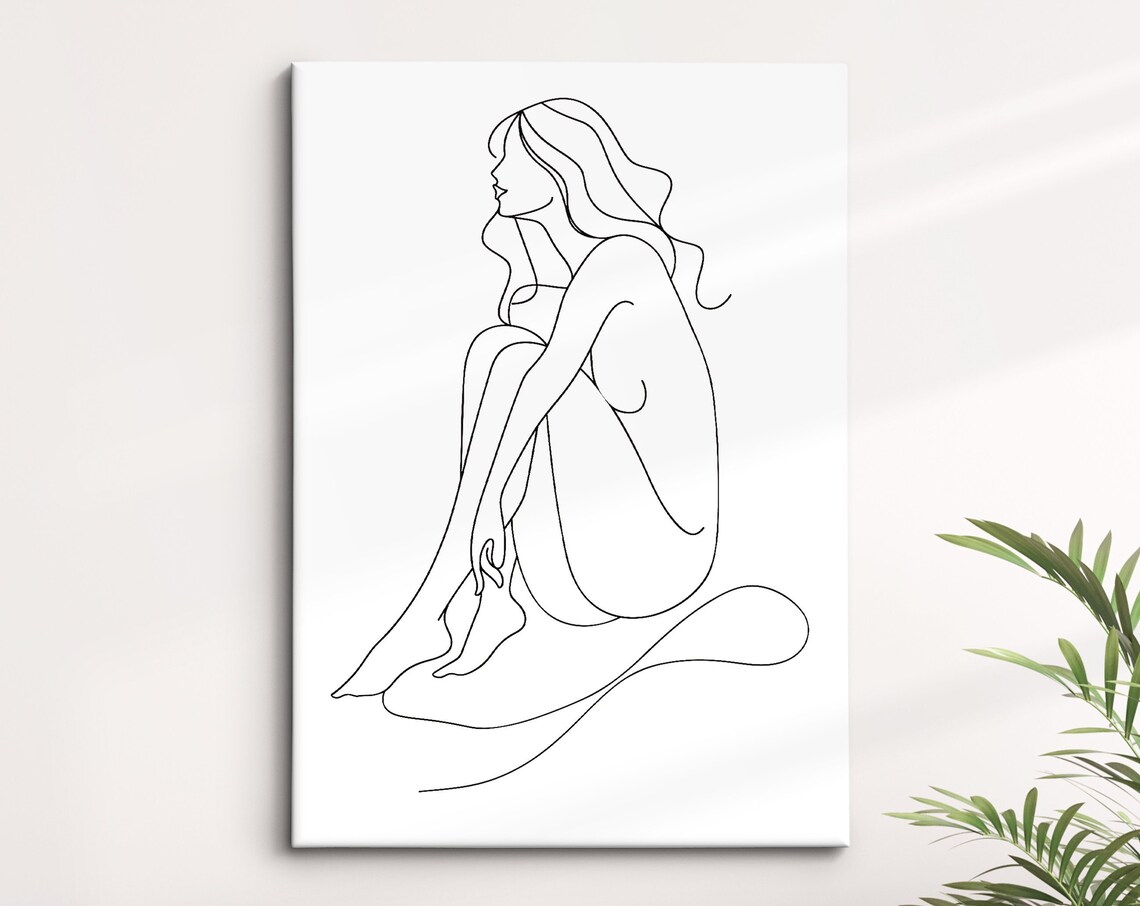 Seated Woman Arms Wrapped Knees Continuous Line Art Drawing Minimalist Poster