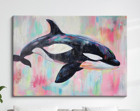 Orca Killer Whale Abstract Pastel Oil Painting Pink Wildlife Wall Art