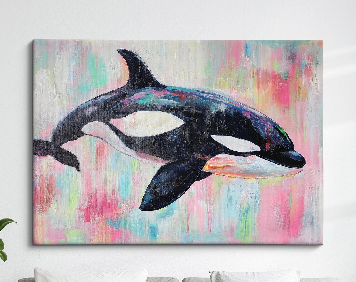 Orca Killer Whale Abstract Pastel Oil Painting Pink Wildlife Wall Art