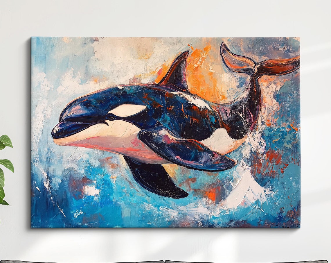 Orca Killer Whale Abstract Oil Painting Blue Ocean Sunset Poster
