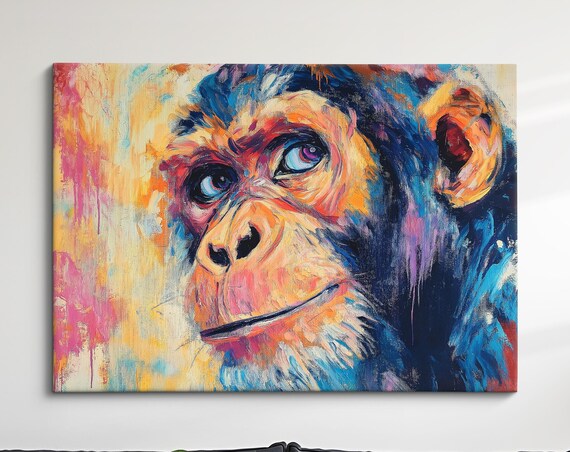 Chimpanzee Abstract Oil Painting Vibrant Primate Face Portrait Poster