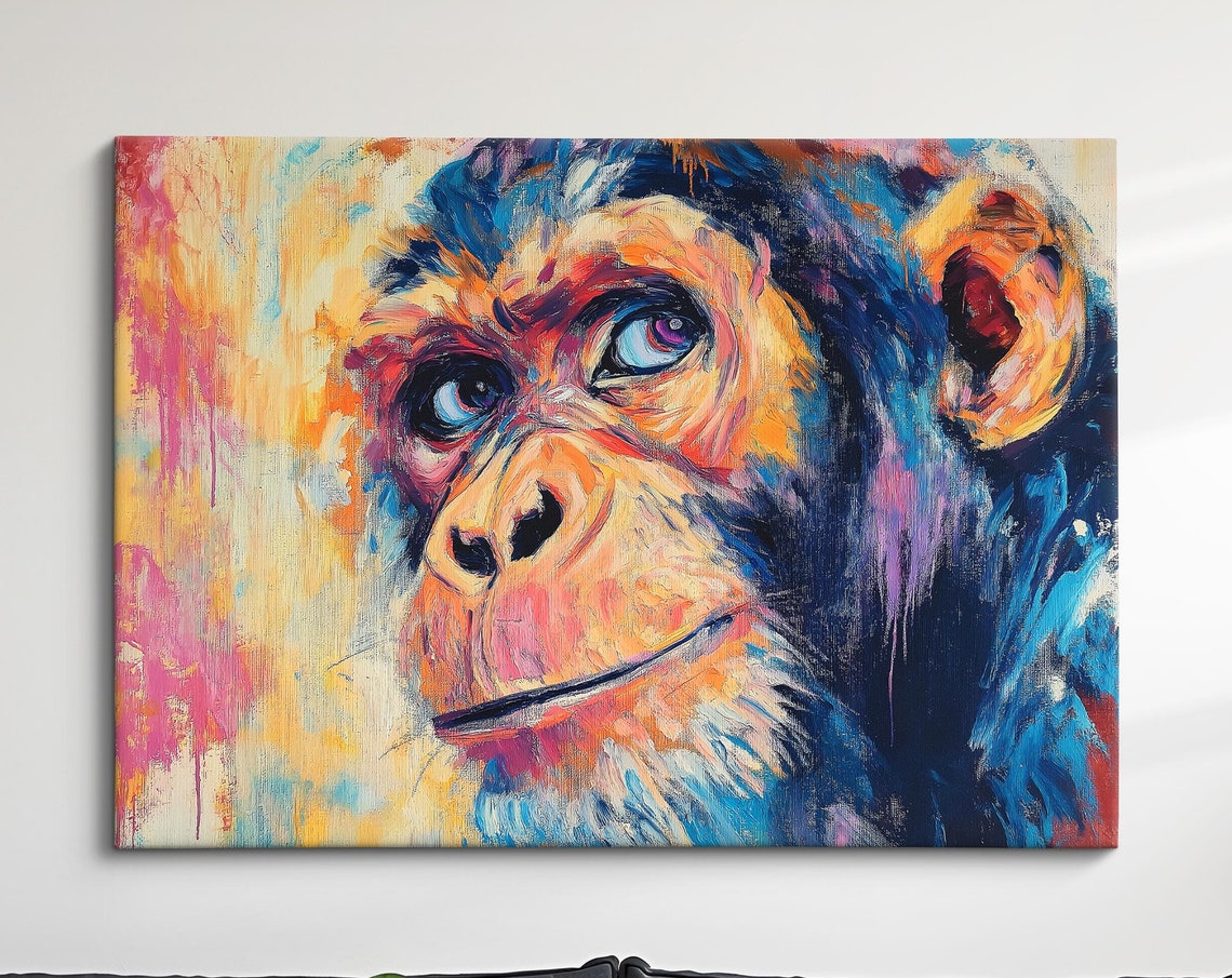 Chimpanzee Abstract Oil Painting Vibrant Primate Face Portrait Poster