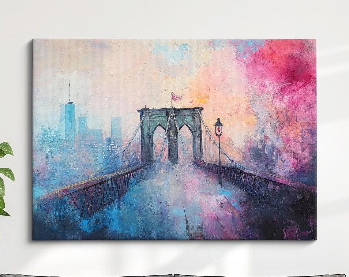 Brooklyn Bridge New York Misty Pink Sunrise Impressionist Art Poster