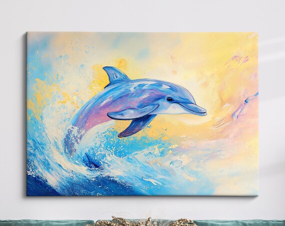 Dolphin Jumping Ocean Wave Blue Gold Dynamic Abstract Wall Art Poster