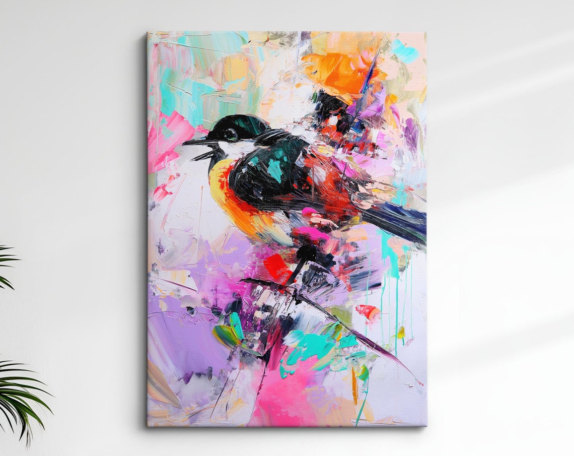 Songbird Perched Vivid Pink Purple Teal Abstract Painting Wall Art