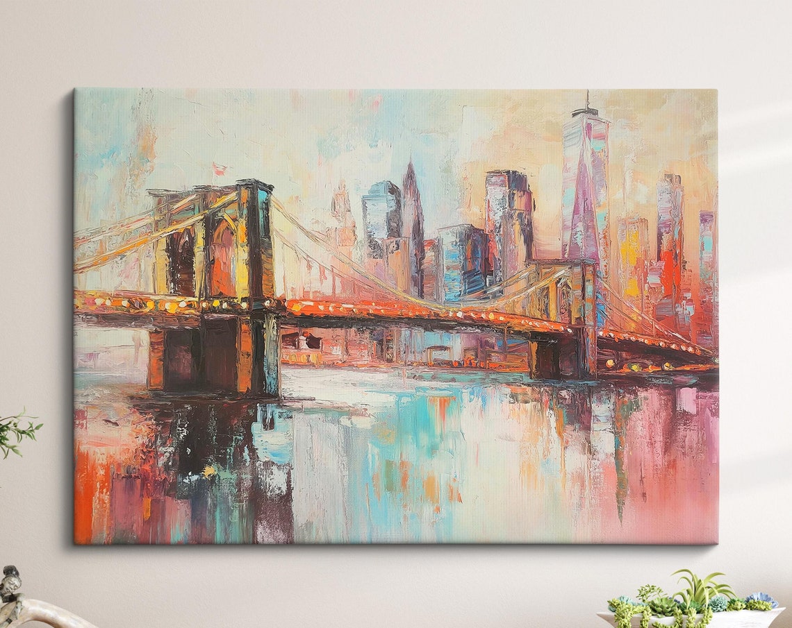 Brooklyn Bridge New York Night Lights Colorful Reflection Art Poster