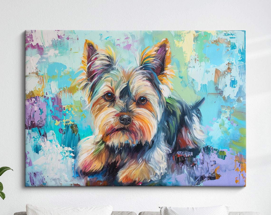 Yorkshire Terrier Sitting Pose Mint Teal Abstract Dog Art Poster