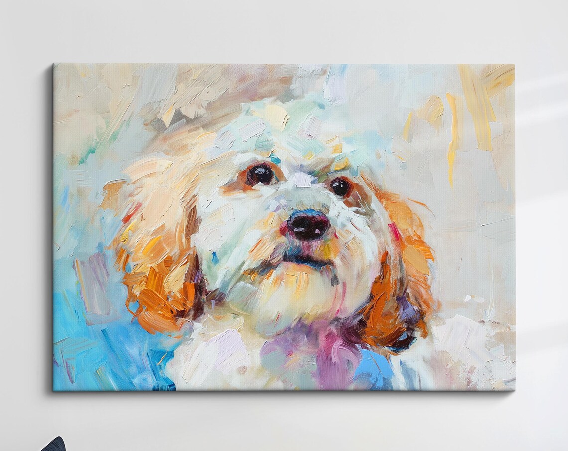 Cockapoo Portrait White Orange Coat Soft Blue Abstract Dog Poster