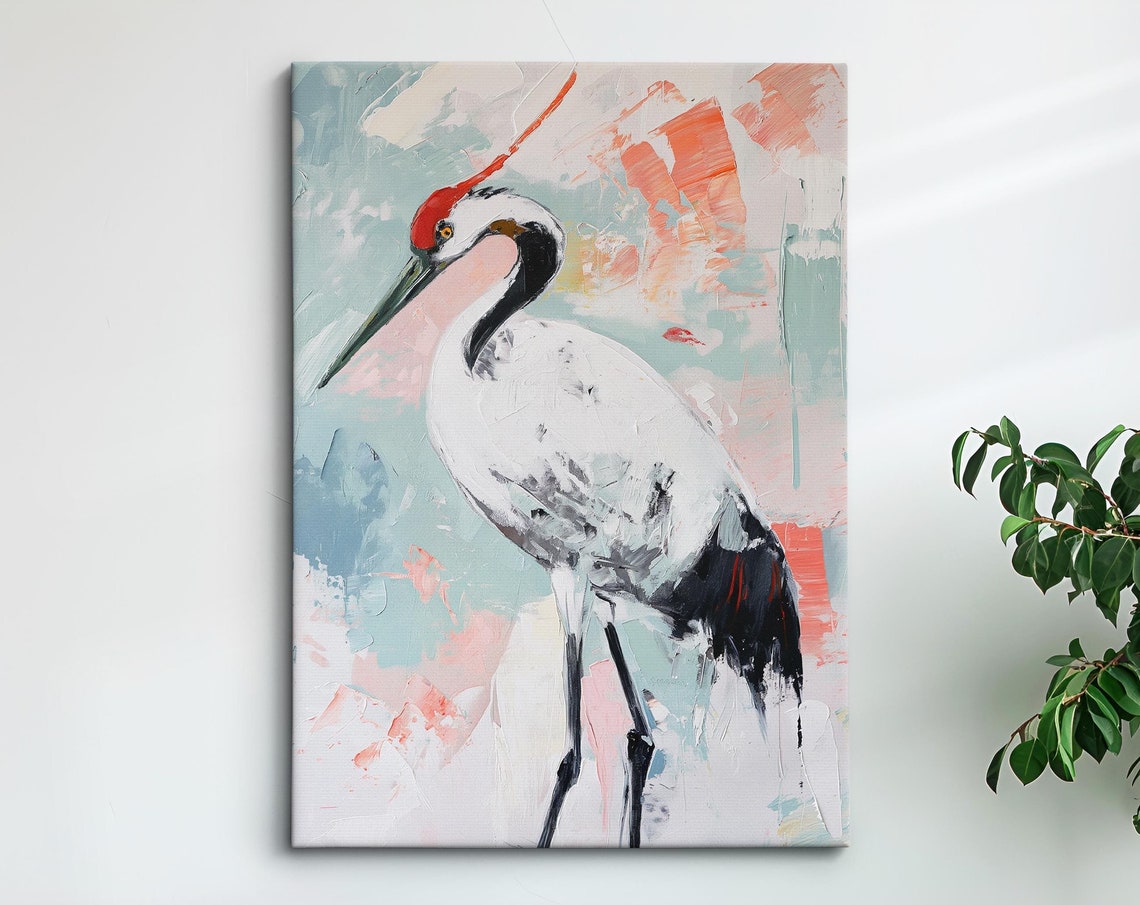 Red Crowned Crane Elegant Pastel Abstract Bird Painting Wall Art