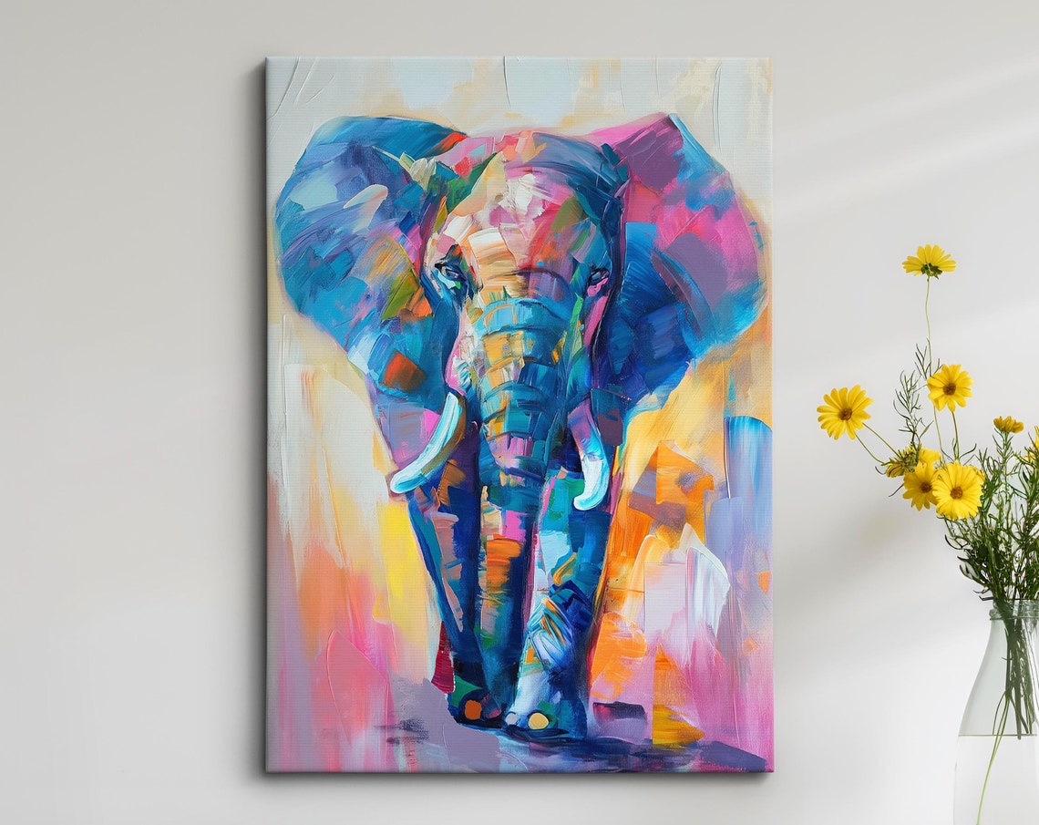 Colorful Elephant Walking Vivid Blue Pink Orange Abstract Wall Art