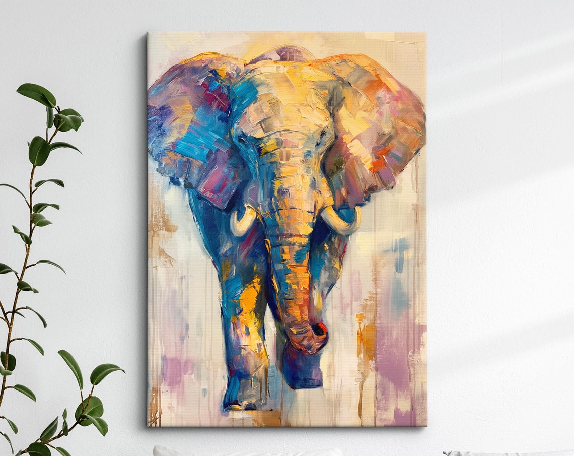 Elephant Front Portrait Golden Blue Pink Brushstroke Wall Art