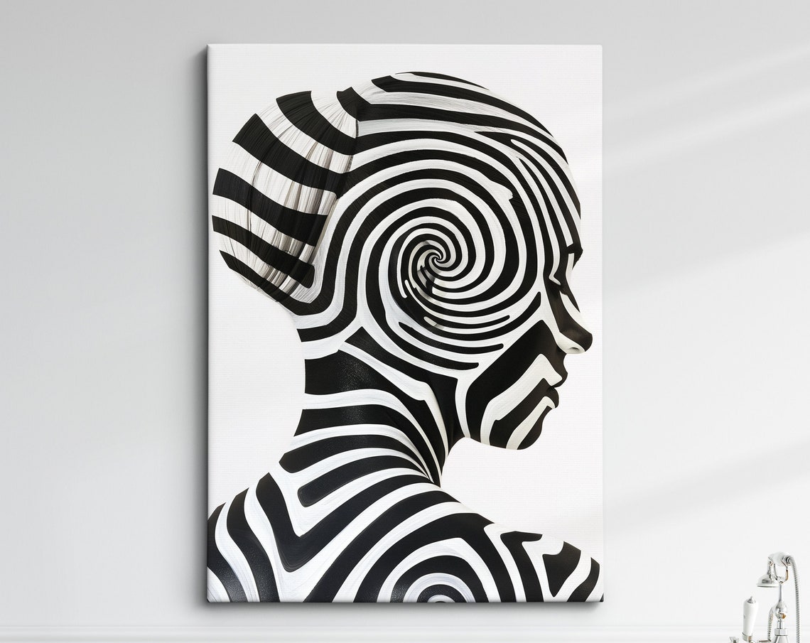 Black And White Spiral Optical Illusion Face Profile Modern Art Poster