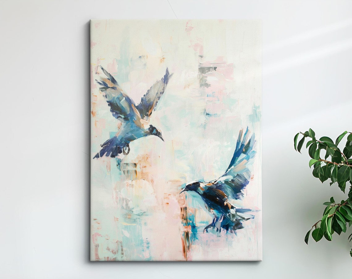 Two Crows In Flight Pastel Blue Watercolor Dark Bird Wall Art Poster