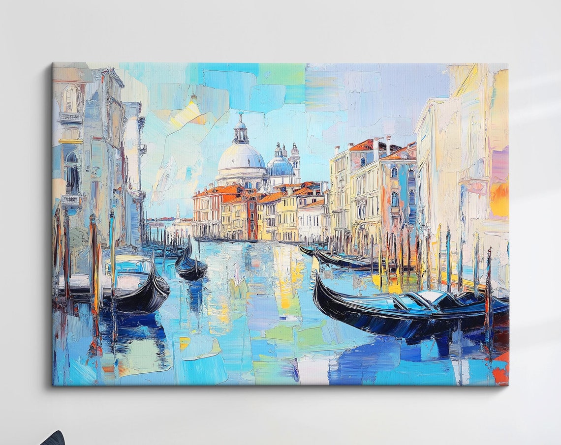 Venice Grand Canal Gondolas Abstract Oil Painting Bright Blue Poster
