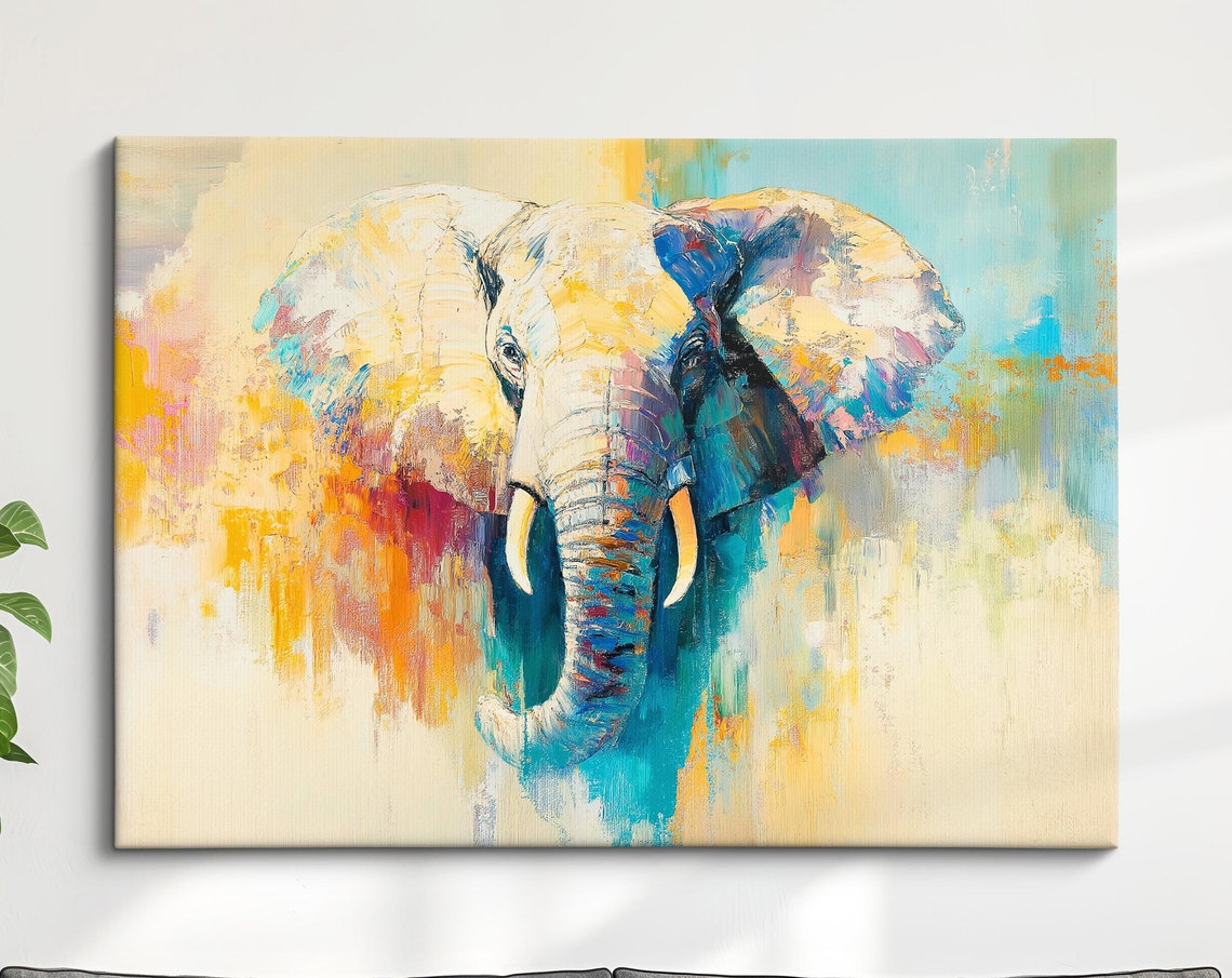 Elephant Head Abstract Oil Painting Pastel Yellow Blue Turquoise Print