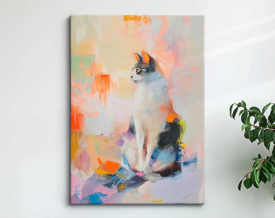 Sitting Cat Profile Warm Pastel Abstract Oil Painting Pet Wall Art Poster