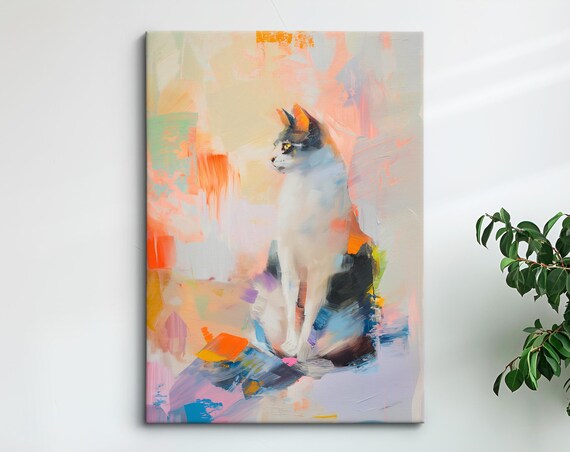 Sitting Cat Profile Warm Pastel Abstract Oil Painting Pet Wall Art Poster