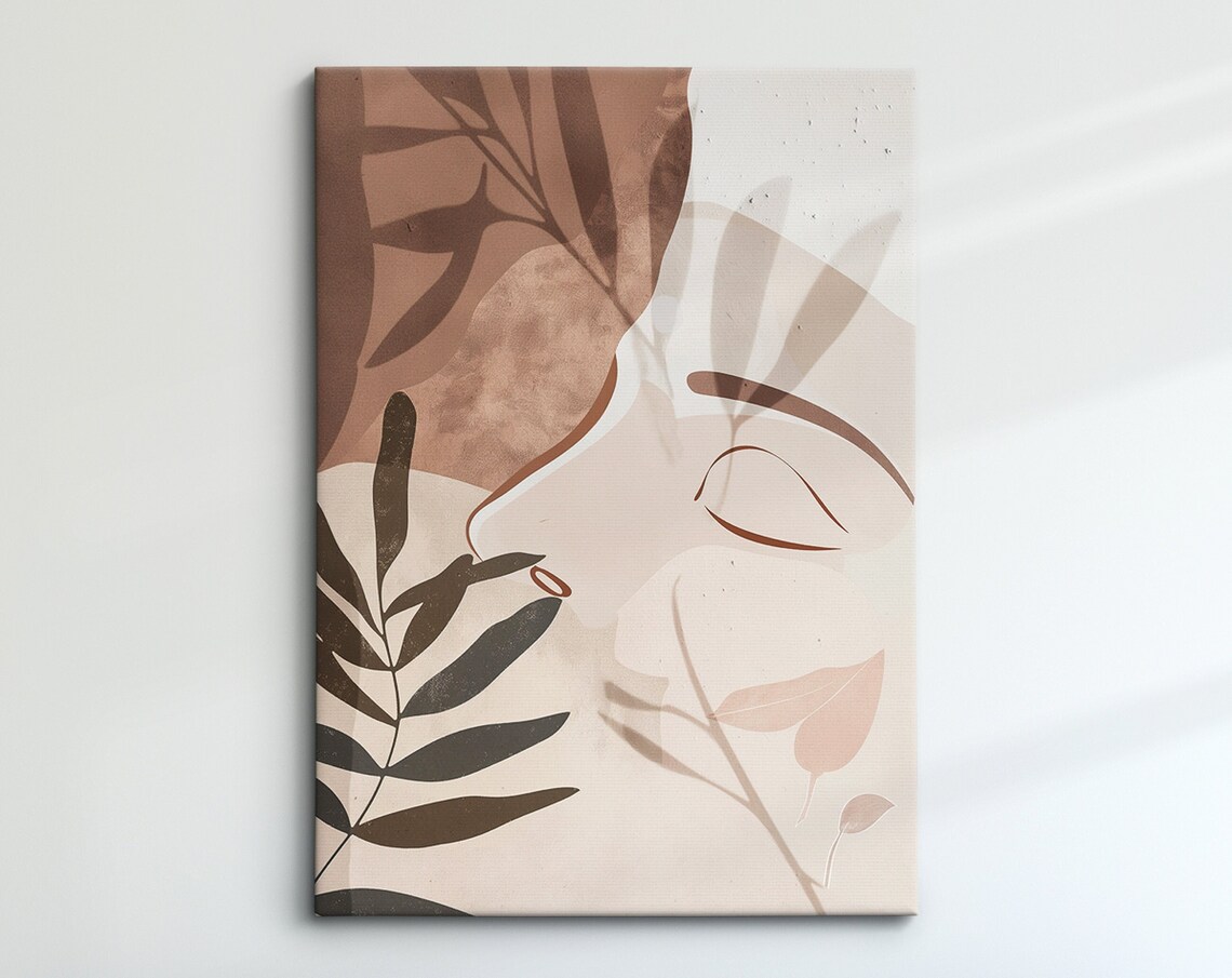 Boho Woman Face Line Art Terracotta Leaves Abstract Nordic Wall Poster