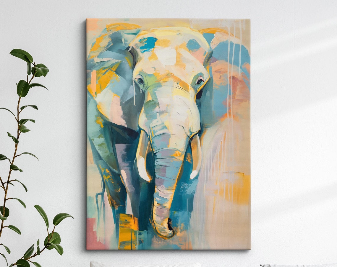 Elephant Walking Toward Viewer Teal Gold Abstract Wildlife Wall Art