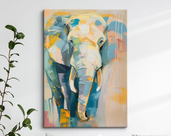Elephant Walking Toward Viewer Teal Gold Abstract Wildlife Wall Art